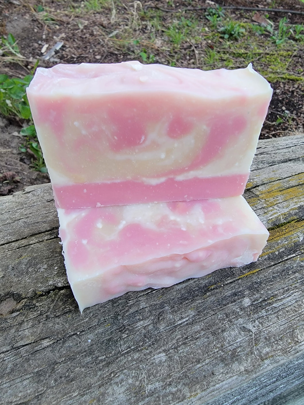 Pink, white and tan swirled soap.