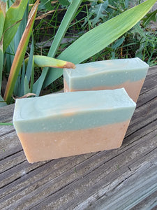 Frosted pumpkin soap is green on top and tannish orange bottom.