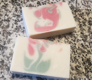 Two Apple Sage soaps, mostly white with red and green swirled in.  Minimum soap weights are 3.8 oz.