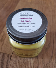 Lavender Lemon Soy candle that is yellow in color in an 8 oz Mason jar with a pewter lid.