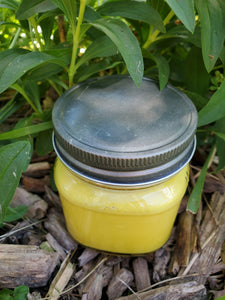 Yellow Soy candle in an 8 oz Mason jar with a pewter lid.