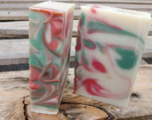 Apple Sage soap bars, white with red and green swirls.