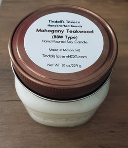 Mahogany Teakwood (Bath & Body Works type scent) Soy candle that is white in color in an 8 oz Mason jar with a copper lid.