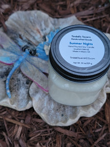 Summer Nights Soy candle that is white in color in an 8 oz Mason jar with a pewter lid.