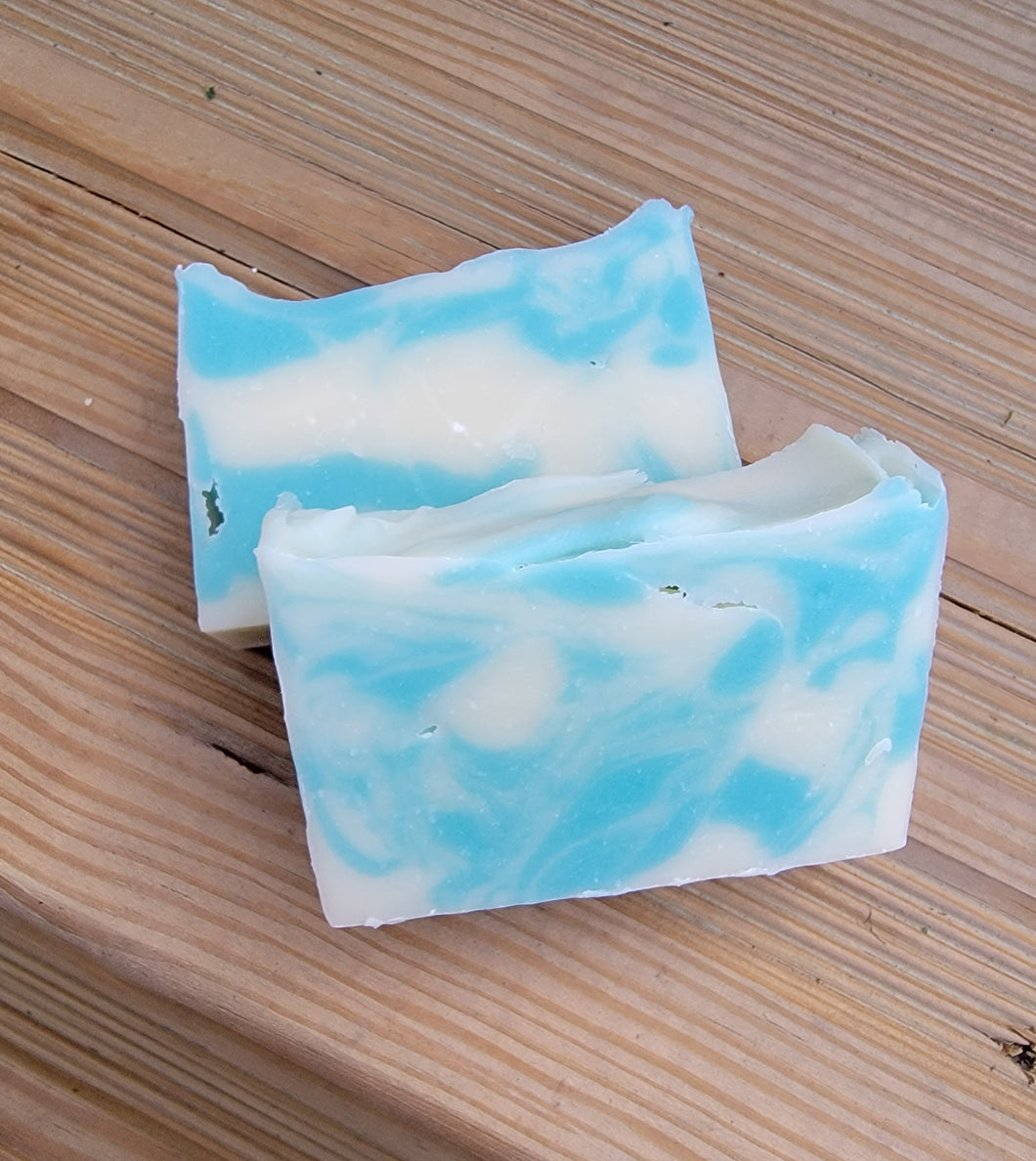 Blue and white soap with a minimum weight of 3.8 oz. 