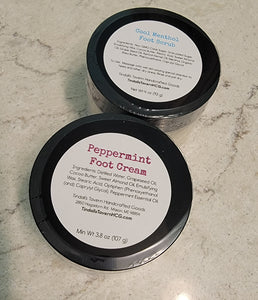 Cool menthol foot scrub in a 4 oz jar (net weight 4 oz) and peppermint foot cream in a 4 oz jar (net weight is 3.8 oz).  This picture is a set.
